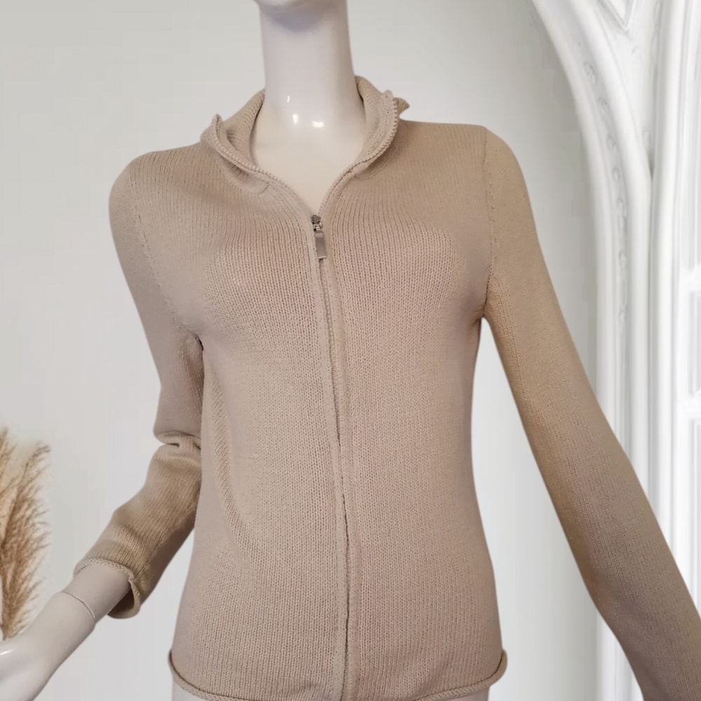 Beige Zip-Front Knit Cardigan with Ruffle Collar